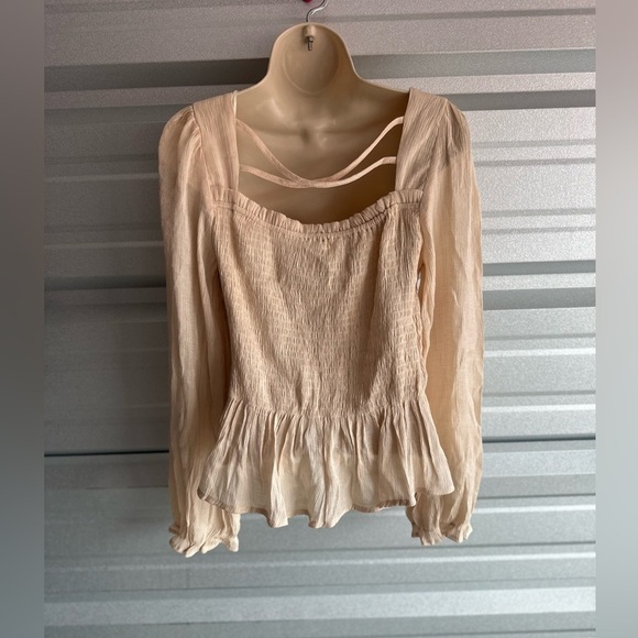 MINE  Smocked Long Sleeve Blouse Ruffle Bottom Cross Cross Back Size Large - Picture 6 of 8